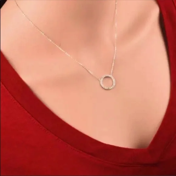 New - Classic Pave Circle Necklace Rhodium Plated - Picture 2 of 5